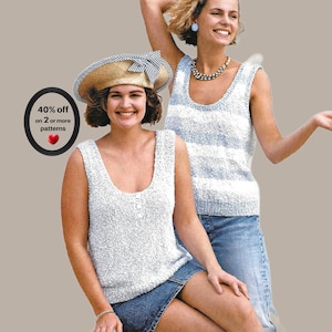 May include: A straw hat with a blue and white striped bow, a white textured tank top with buttons, and a blue and white striped tank top. A black oval graphic contains the text 40% off on 2 or more patterns and a red heart icon.