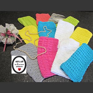 May include: A collection of rectangular knitted fabric swatches in various colors including lime green, coral, blue, white, yellow, pink, and gray, arranged with a string of faux pearls and a lace pouch. A white sign displays the text 40% off on 2 or more patterns.