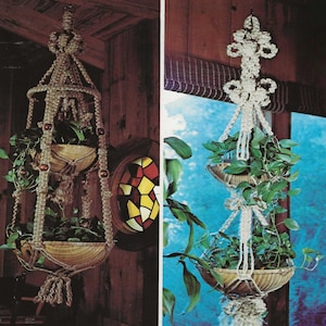 May include: Two macrame plant hangers with woven baskets, filled with green plants. The hangers are suspended from the ceiling, showcasing a natural, bohemian aesthetic. One has two tiers, the other has one. The background includes wooden paneling and a stained glass window.