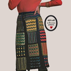 May include: A black crochet skirt featuring a patchwork design of various colourful squares with wavy, striped, and dotted textures. The skirt has a drawstring waist and includes a circular graphic with the text 40% off on 2 or more patterns.