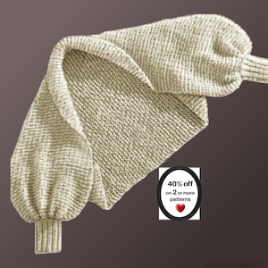 May include: A beige knit shrug featuring long, voluminous puff sleeves with ribbed cuffs and a wide, folded collar. A small oval graphic in the corner displays the text 40% off on 2 or more patterns with a red heart icon below the text.