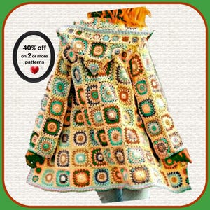 May include: A hooded jacket constructed from numerous multicolored crochet granny squares in shades of yellow, green, orange, and blue. The garment features long sleeves and a hood. Text on the left reads: 40% off on 2 or more patterns.