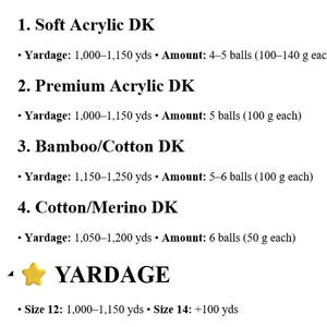 May include: A text-based chart titled MODERN YARNS listing four yarn types: Soft Acrylic DK, Premium Acrylic DK, Bamboo/Cotton DK, and Cotton/Merino DK with specific yardage and ball counts. A second section titled YARDAGE lists additional yardage for sizes 12, 14, 16, and 18.