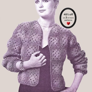 May include: A purple crochet cardigan made of square motifs with long sleeves and an open front. A black oval badge in the upper right corner contains the text 40% off on 2 or more patterns with a small red heart icon below the text.