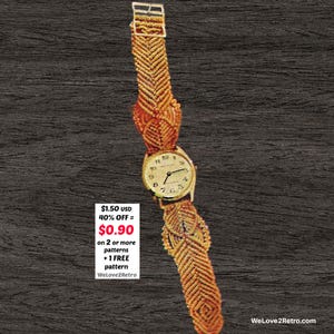 May include: A vintage wristwatch with a woven, orange and tan macrame band. The watch face is gold-toned with black numerals and hands. The band is intricately patterned. The image includes text that reads "WeLove2Retro".