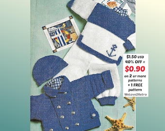 RETIREMENT-SALE***  Vintage Baby Knit Pattern - Sailor Cardigan Sweater Pants Layette Knitting