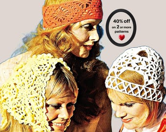 Op de afbeelding: Een oranje gehaakte hoofdband met bloemmotief, een gele gehaakte hoofdbedekking met geschulpte rand en een witte gehaakte muts met een geometrisch rasterpatroon. Een zwarte ovale afbeelding toont de tekst 40% off on 2 or more patterns.
