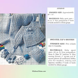 May include: A light blue crochet baby set, including a blanket (approximately 76cm x 79cm), sweater, cap, and booties. The set is made with baby sport yarn. The image also includes a baby bottle and a toy.