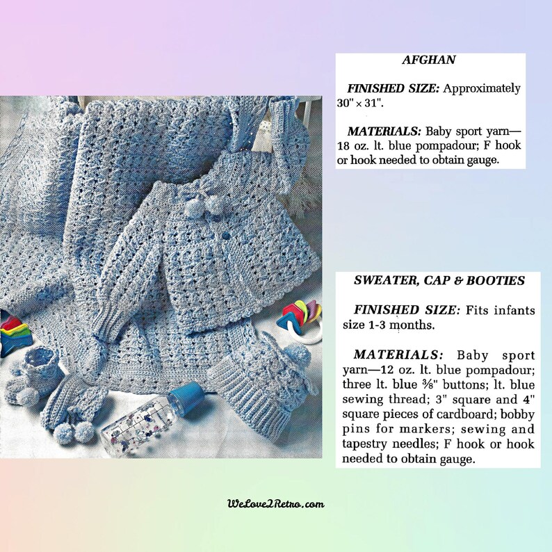 May include: A light blue crochet baby set, including a blanket (approximately 76cm x 79cm), sweater, cap, and booties. The set is made with baby sport yarn. The image also includes a baby bottle and a toy.