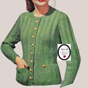 May include: A bright green long-sleeved knit cardigan featuring a round neckline, a vertical textured pattern, and a front button closure with gold-toned buttons. It includes two front pockets and a graphic with the text 40% off on 2 or more patterns.