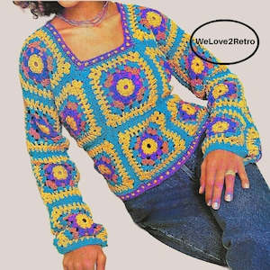 RETIREMENT-SALE*  Granny Square Crochet Top Pattern - Boho Crop Easy Fall Pullover Vintage PDF
