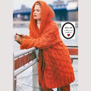 May include: A bright orange hooded cardigan featuring a chunky cable knit pattern. The long-sleeved garment has a deep hood and a thick, textured weave. A white graphic overlay displays the text 40% off on 2 or more patterns.