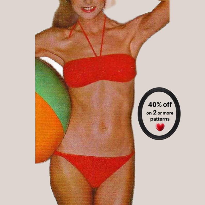 May include: A bright red two-piece bikini with a halter-style top and matching bikini bottoms. To the right, a black oval frame contains the text 40% off on 2 or more patterns with a small red heart icon below the text.