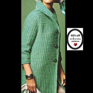 May include: A textured mint green knit coat featuring a collared neckline, three-quarter length sleeves, and three dark buttons down the front. A circular graphic on the right displays the text 40% off on 2 or more patterns with a red heart icon.