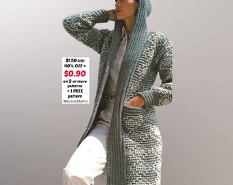 Hooded Knit Coat Pattern PDF – Chunky Wool Cardigan • Long Vintage Jacket