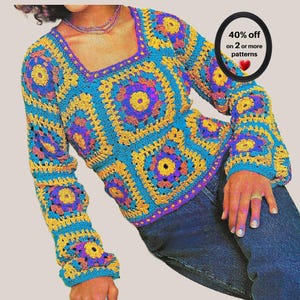 RETIREMENT-SALE*  Granny Square Crochet Top Pattern - Boho Crop Easy Fall Pullover Vintage PDF
