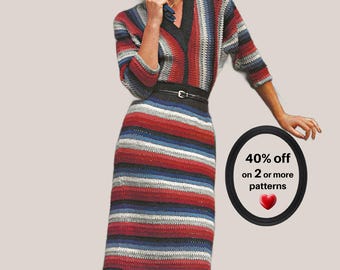 May include: A knee-length crochet dress featuring horizontal stripes in red, blue, white, and black. The dress has a V-neckline, three-quarter length sleeves, and a black belt with a silver buckle. A circular graphic displays 40% off on 2 or more patterns.