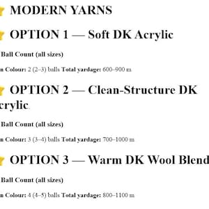 May include: A text-based chart titled MODERN YARNS listing three options. Option 1 is Soft DK Acrylic with 2-3 balls and 600-900 m. Option 2 is Clean-Structure DK Acrylic with 3-4 balls and 700-1000 m. Option 3 is Warm DK Wool Blend with 4-5 balls and 800-1100 m.