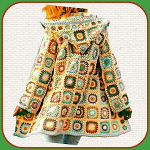 Könnte beinhalten: Eine Kapuzenjacke aus zahlreichen bunten Häkelquadraten. Das Kleidungsstück zeigt ein sich wiederholendes Muster aus kreisförmigen Motiven in Gelb-, Grün-, Türkis-, Braun- und Cremetönen mit langen Ärmeln und einem ausgestellten Saum.