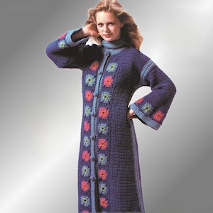 May include: A long, dark purple crochet coat with a high collar and bell sleeves. The coat features square floral patterns in shades of pink, green, and blue. The coat is buttoned down the front and has blue trim.