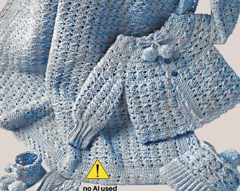 RETIREMENT-SALE*  Vintage Crochet Baby Afghan Set Pattern • Blanket, Jacket, Booties, Hat (PDF Pattern)