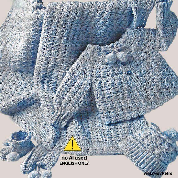 RETIREMENT-SALE*  Vintage Crochet Baby Afghan Set Pattern • Blanket, Jacket, Booties, Hat (PDF Pattern)