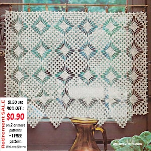 May include: Cream-colored, crocheted window curtain with a repeating floral pattern. The curtain is rectangular and hangs in front of a window. The design features a grid of square blocks with flower-like shapes. The text "Retirement SALE" is visible on the left side.