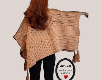 May include: A light tan crochet poncho featuring a textured stitch pattern and long tassels at the corners. A circular black graphic on the lower right displays the text 40% off on 2 or more patterns with a small red heart icon below the text.