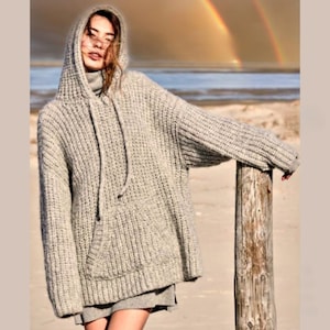 Chunky Hooded Pullover Knitting Pattern - Easy Slouchy Sweater Cozy Winter Tunic Retro PDF
