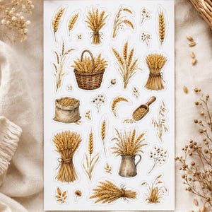 Könnte beinhalten: Ein Aufkleberbogen mit verschiedenen Illustrationen von goldenen Weizenhalmen, Getreidebündeln, einem mit Weizen gefüllten geflochtenen Korb, einem Jutesack mit Samen, einer Holzschaufel und einem Metallkrug in warmen Braun- und Gelbtönen.