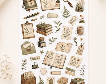 Botanical Journal Stickerbogen | Vintage Journal Sticker mit Büchern, Farn, Notizbuch, Briefen, Etiketten & botanischen Motiven
