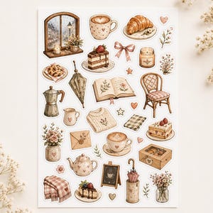 Rainy Day Café Stickerbogen | Cozy Coffee Sticker mit Latte, Croissant, Kerzen, Buch, Kuchen & Cottagecore Café Motiven