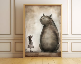 Wall Art Poster große Katze und Mädchen, kunstvolles Poster zum Download