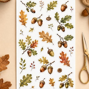 Könnte beinhalten: Ein Aufkleberbogen mit verschiedenen Aquarellillustrationen von herbstlichen Elementen, darunter braune Eicheln, grüne und orangefarbene Eichenblätter sowie kleine Beerenzweige, angeordnet auf einem weißen, rechteckigen Hintergrund.