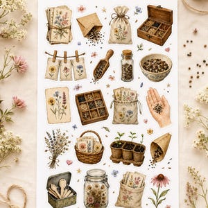 Könnte beinhalten: Ein Stickerbogen mit botanischen Illustrationen. Die Sticker zeigen verschiedene Gartenelemente, darunter Saatguttüten, Holzkisten, Gläser und kleine Töpfe mit Pflanzen. Die Farbpalette umfasst sanfte Grüntöne, Brauntöne und florale Akzente.