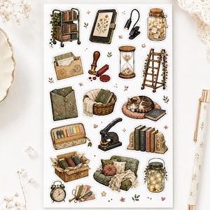 Könnte beinhalten: Ein Stickerbogen mit Illustrationen zum Thema Bücher und Lesen. Die Bilder zeigen Vintage-Objekte wie einen kleinen Bücherschrank, eine Sanduhr und eine gemütliche Leseecke. Die Farbpalette ist sanft und gedämpft mit warmen Tönen.