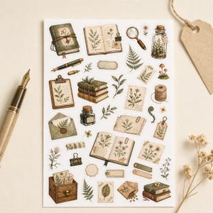 May include: A sheet of vintage-style stickers featuring botanical illustrations. Includes open books, journals, a magnifying glass, a glass jar, and a wooden box. The stickers have a neutral color palette with green and brown accents.