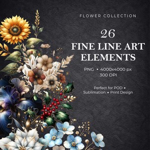 Könnte beinhalten: Digitales Kunstwerk mit einem floralen Arrangement mit einer Sonnenblume, blauen und weißen Blumen und anderen botanischen Elementen. Der Text lautet "FLOWER COLLECTION" und "26 FINE LINE ART ELEMENTS".