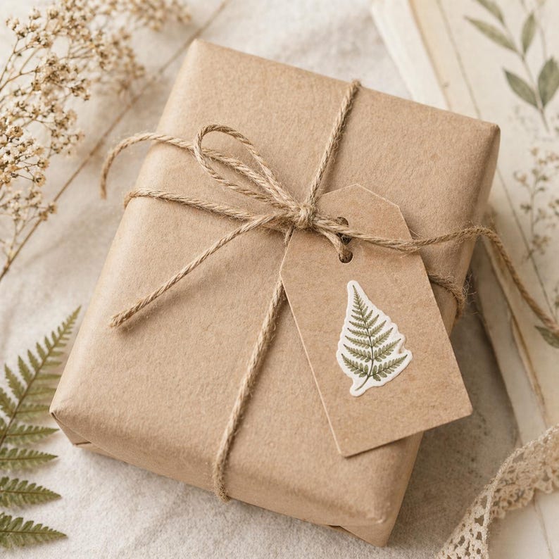 May include: A wrapped gift in brown paper, tied with twine and a bow. A small, rectangular tag with a fern illustration is attached. The gift is on a neutral-colored surface, with dried plants and lace trim in the background.