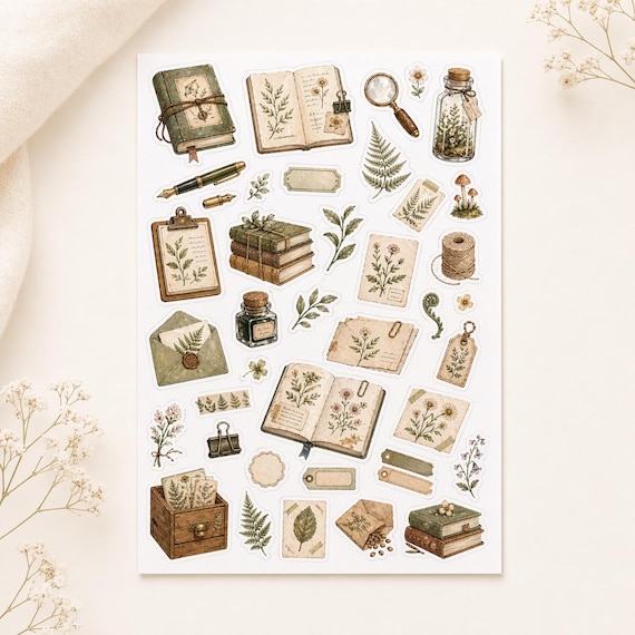 Botanical Journal Stickerbogen | Vintage Journal Sticker mit Büchern, Farn, Notizbuch, Briefen, Etiketten & botanischen Motiven
