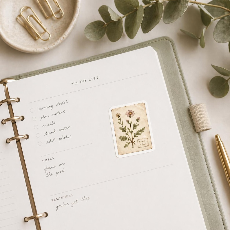 May include: A planner is open to a to-do list page with handwritten notes and a floral sticker. The sticker features a vintage botanical illustration of a flower with a beige background. Gold paper clips and a pen are also visible.