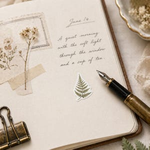 May include: A journal page with handwritten text and a fern sticker. The text reads "June 14. A quiet morning with the soft light through the window and a cup of tea." A vintage pen and dried flowers are also visible.