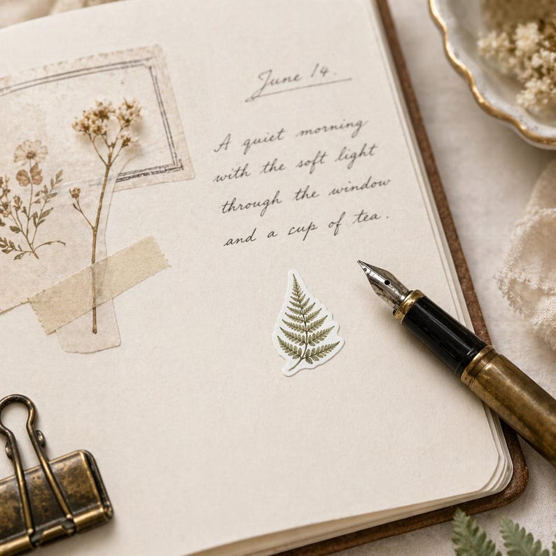 May include: A journal page with handwritten text and a fern sticker. The text reads "June 14. A quiet morning with the soft light through the window and a cup of tea." A vintage pen and dried flowers are also visible.