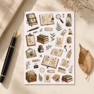 May include: A collection of vintage-style stickers featuring botanical illustrations, including open books, ferns, flowers, and a magnifying glass. The stickers are in shades of green, brown, and cream, with a rustic aesthetic. Also included is a black fountain pen.