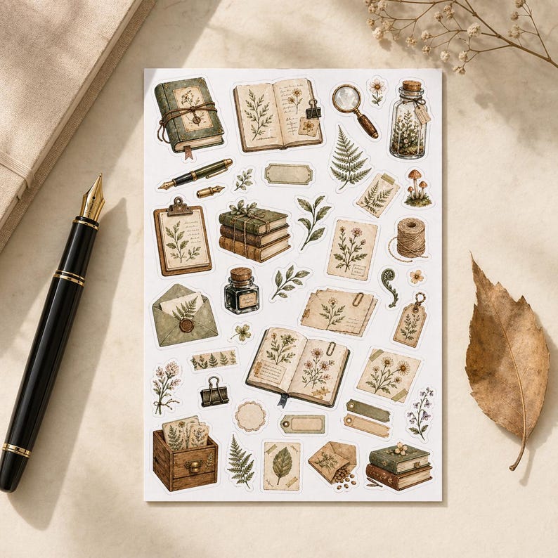 May include: A collection of vintage-style stickers featuring botanical illustrations, including open books, ferns, flowers, and a magnifying glass. The stickers are in shades of green, brown, and cream, with a rustic aesthetic. Also included is a black fountain pen.