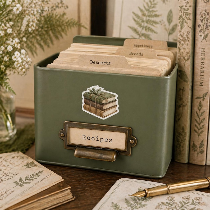 May include: A green metal recipe box with a label that reads "Recipes." The box contains recipe cards with labeled dividers for "Desserts," "Appetizers," and "Breads." A sticker of stacked books is on the front. A pen and books are in the background.