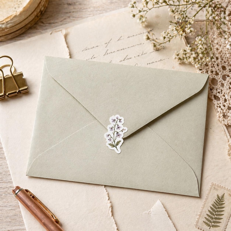 May include: A light green envelope with a floral sticker, resting on aged paper. A gold paper clip and a pen are visible. The envelope is sealed and has a small sticker of purple flowers. The scene evokes a vintage, botanical theme.