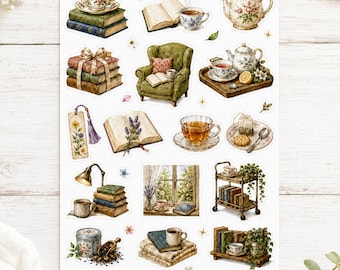 Tea & Books sticker sheet with vintage teacups, books, teapot, reading nook and cottagecore motifs