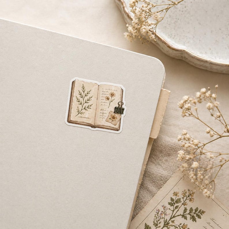 May include: A sticker featuring an open book illustration with botanical drawings and a small paper clipped to it. The sticker has a vintage aesthetic with sepia tones and is placed on a light-colored surface.