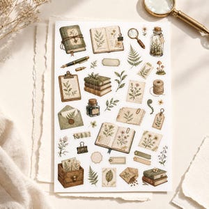 May include: A sheet of stickers featuring vintage-style illustrations of books, botanical elements, and stationery. The stickers include open books, a magnifying glass, an ink bottle, and a small wooden box. The color palette is muted with greens, browns, and creams.
